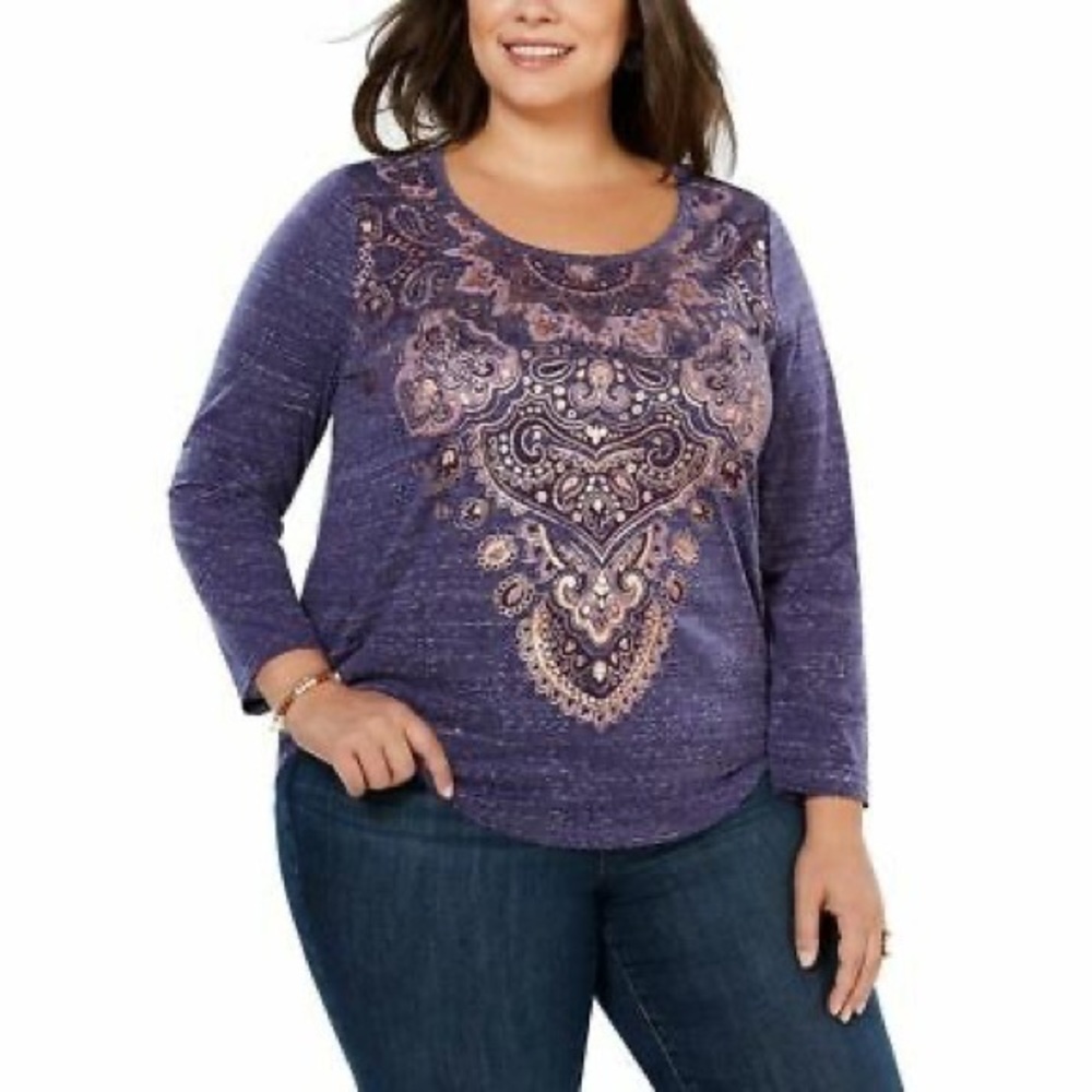 Style & Co Long-Sleeve Graphic Top Tee Purple XLarge